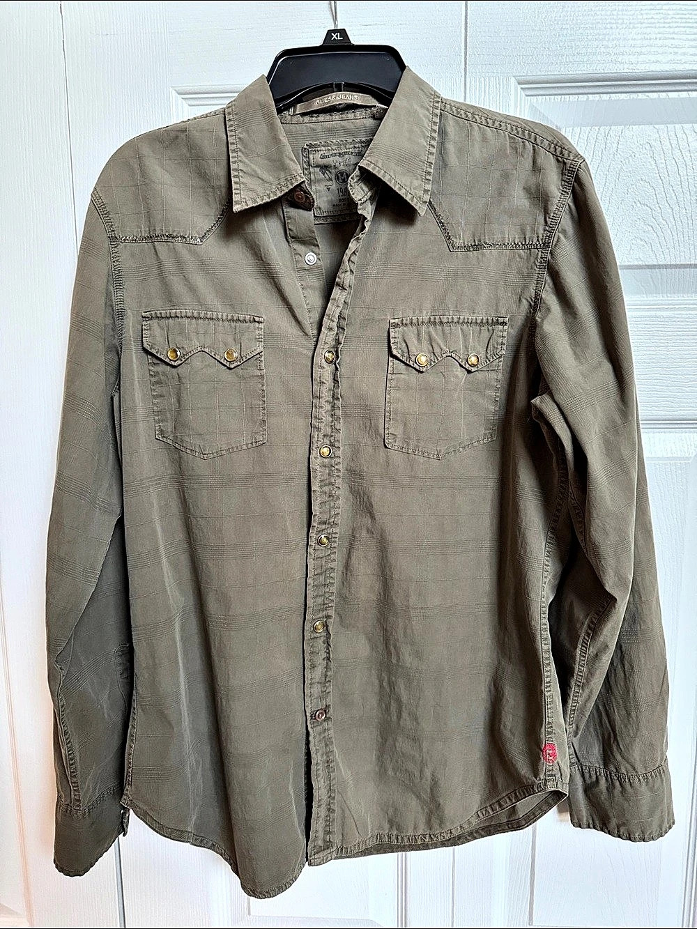 Guess Jeans Vintage 1981 Men's Distressed Khaki Green Shirt Size Medium